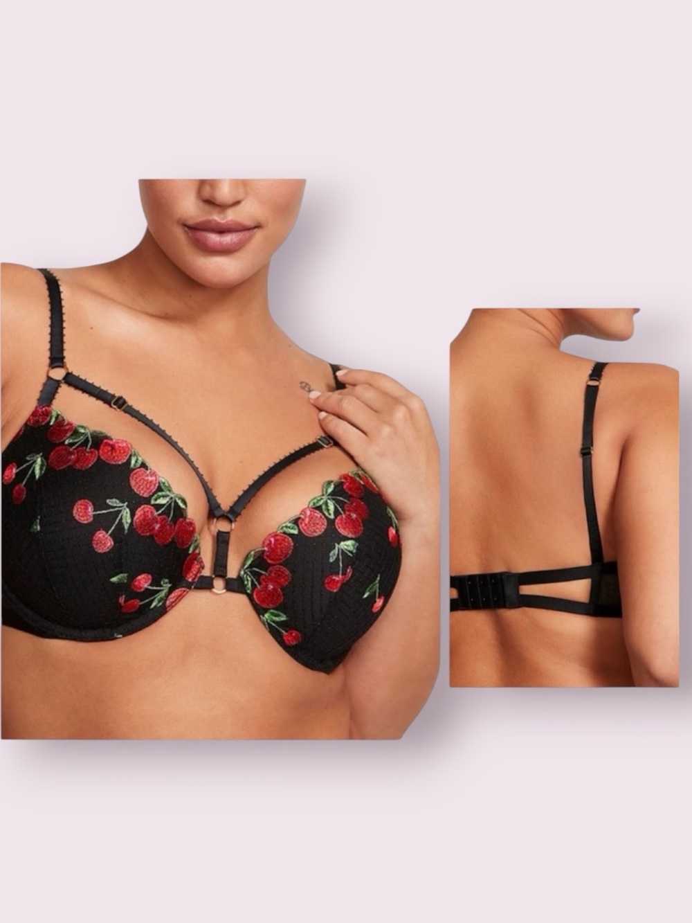 Victoria's Secret Very Sexy Cherry Embroidery Push-Up Bra Size 34 C Black & Red